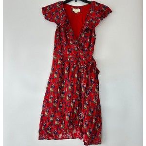 Anthropologie Maeve Size US 6 Red Floral Print Rosalia Faux Wrap Midi Dress